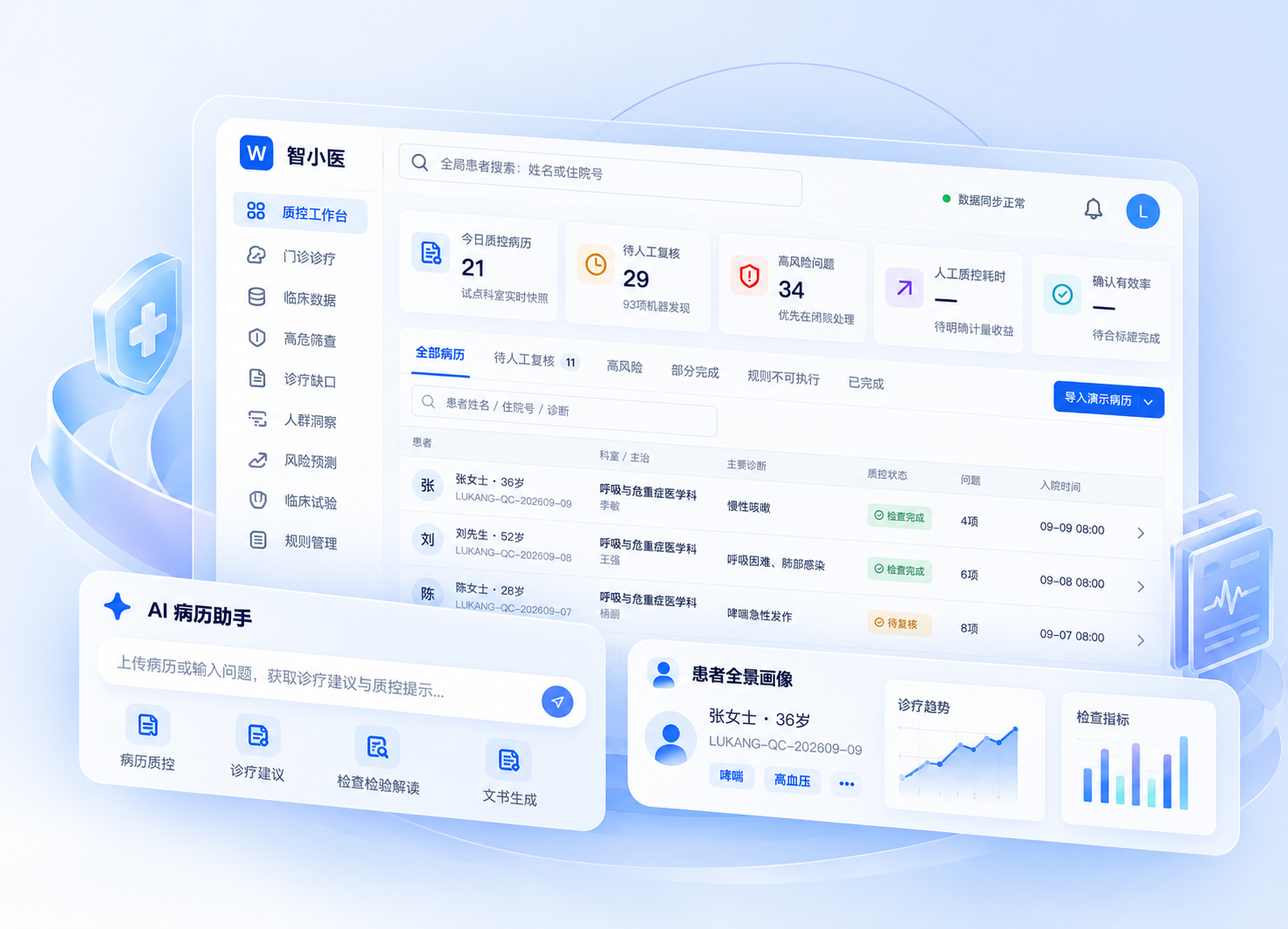 智小医临床工作台:病历质控、AI病历助手与患者全景画像。