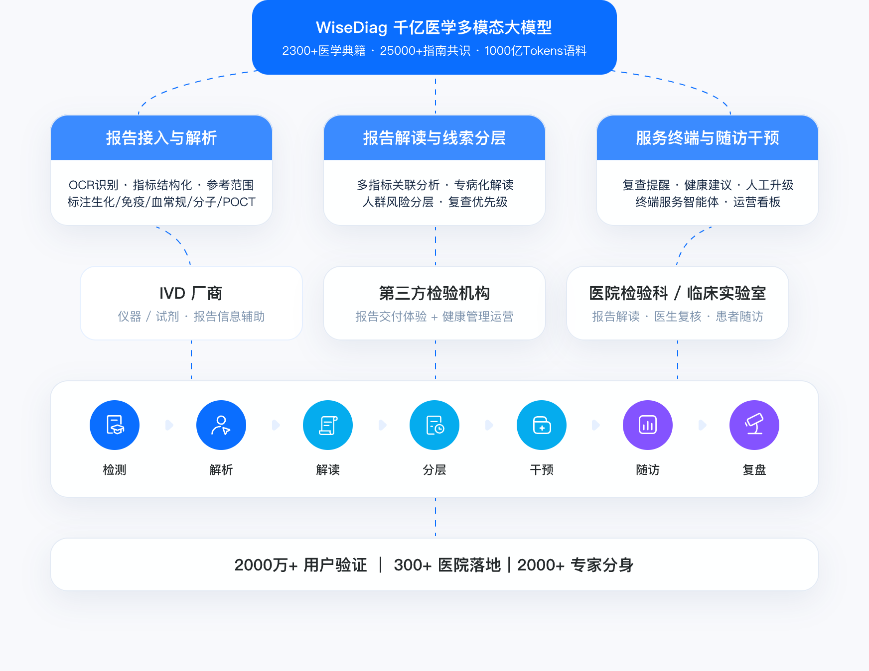 IVD 检验报告服务架构:WiseDiag 医学大模型连接报告接入与解析、报告解读与线索分层、服务终端与随访干预,服务 IVD 厂商、第三方检验机构及医院检验科,贯通检测、解析、解读、分层、干预、随访和复盘。